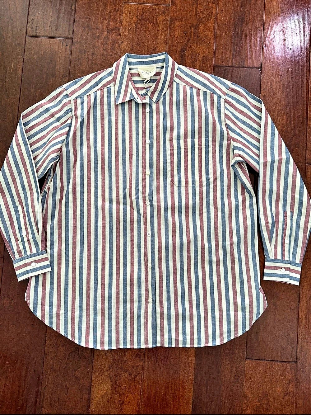Sézane Chemise Max Striped Cotton Button Down in Blue & Red Size Small NWT